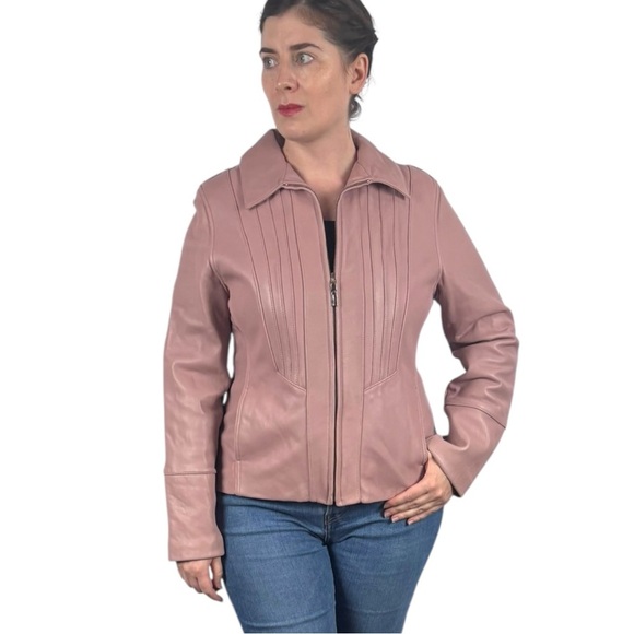 AVANTI LIGHT PINK LEATHER ZIP FRONT TAILORED COLLARED BLAZER Y2K JACKET - Picture 1 of 16